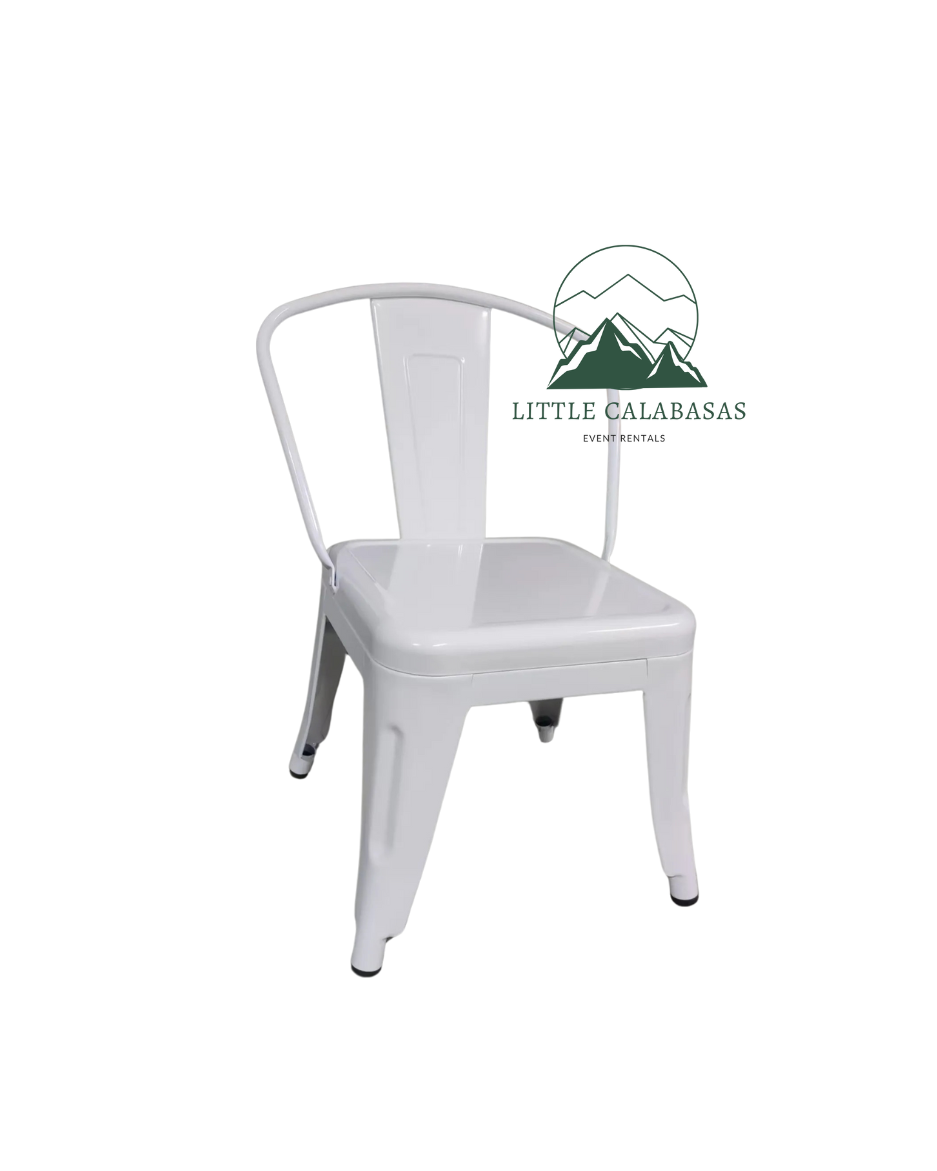 White kids metal chair available for party rentals in Calabasas, CA.