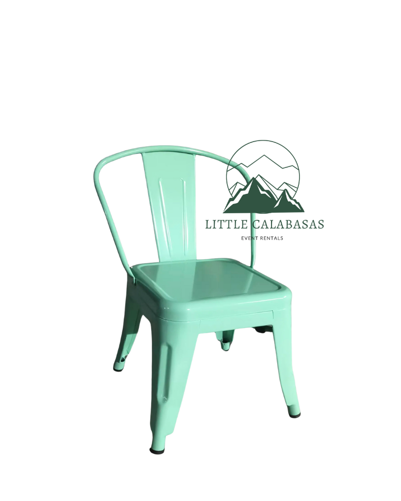 Mint green kids metal chair available for party rentals in Calabasas, CA.