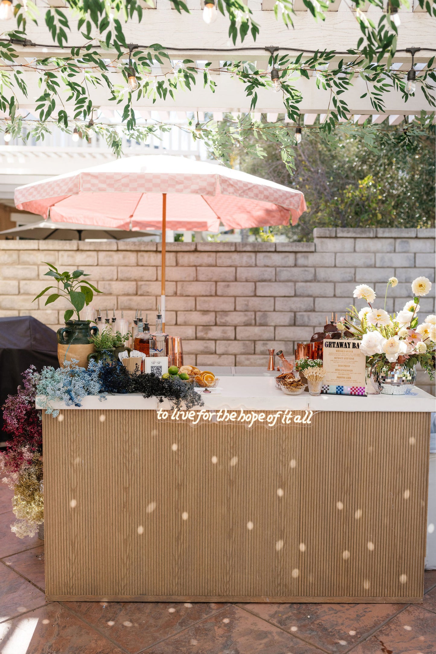 Pink Checkered Umbrella with Base- New!