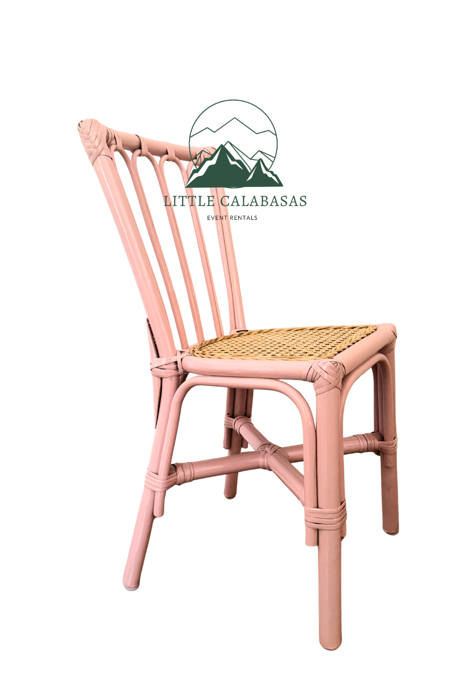 A pink rattan dining chair with a woven cane seat, shown from a three-quarter angle against a plain white background. A watermark logo for 'Little Calabas Furniture' is visible near the top center.