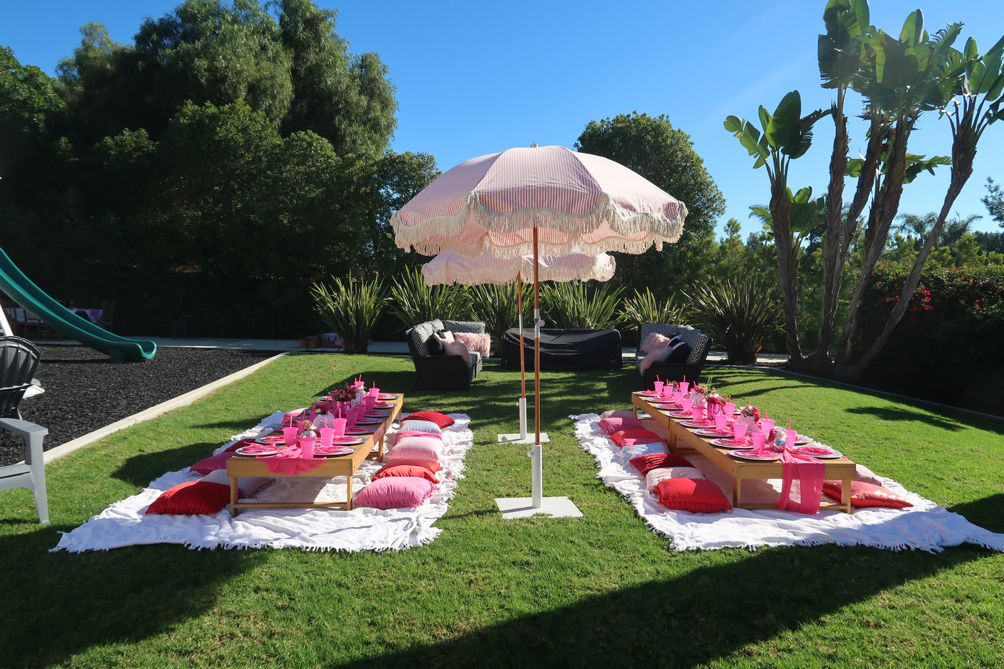 Pink Striped Umbrella with Base