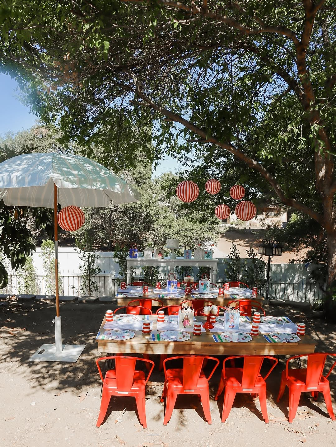 Light Blue Striped Umbrella with Base- New!