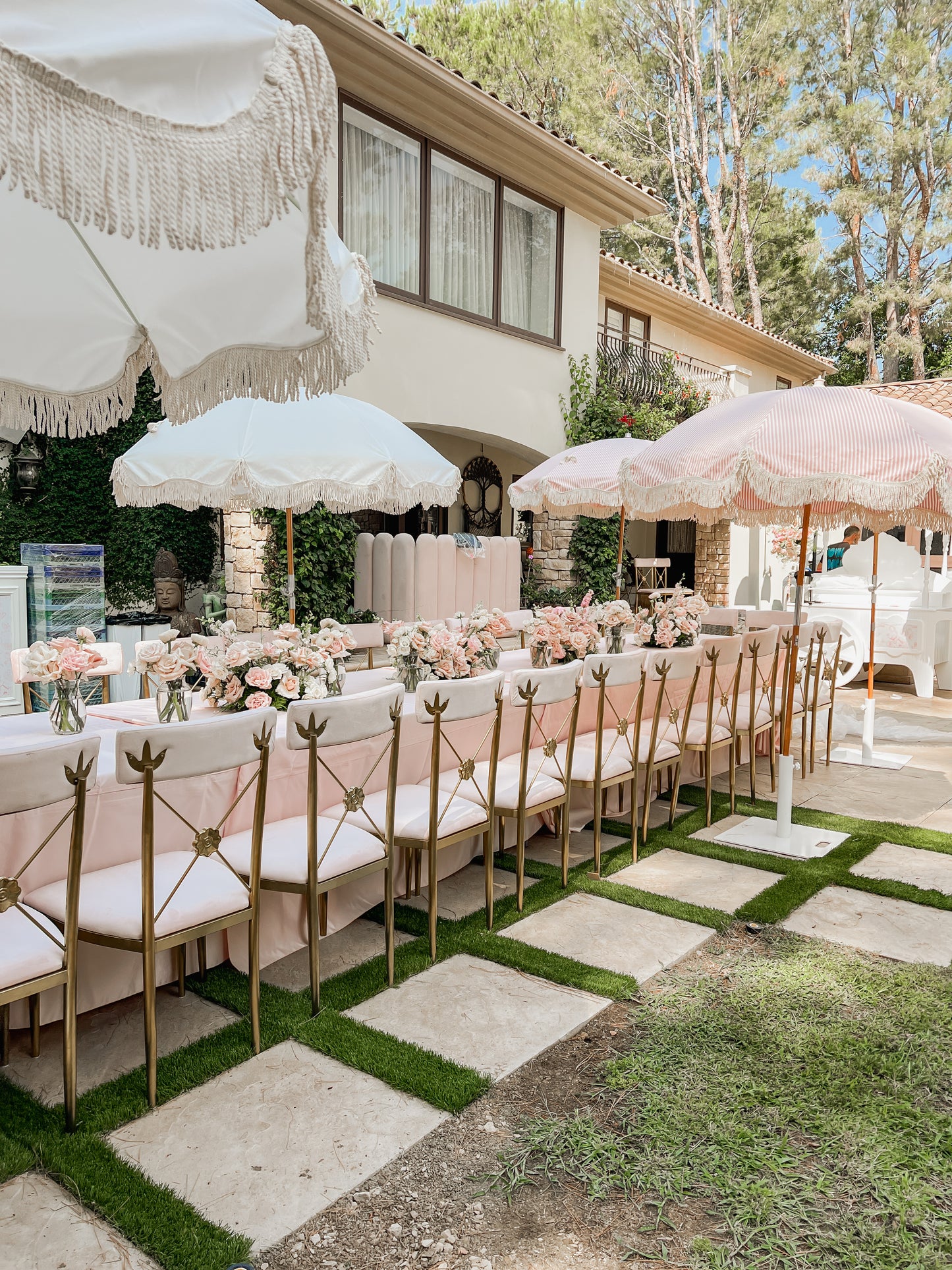 Pink Striped Umbrella with Base