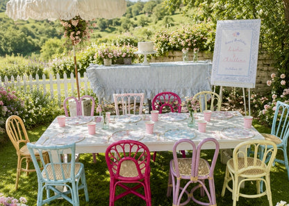 An outdoor garden event setup with a long table covered in a white tablecloth, surrounded by pastel-colored chairs in pink, blue, yellow, and lavender. A large white parasol, a sign on an easel, and a striped table runner are also visible under the shade of a large tree on a grassy lawn.