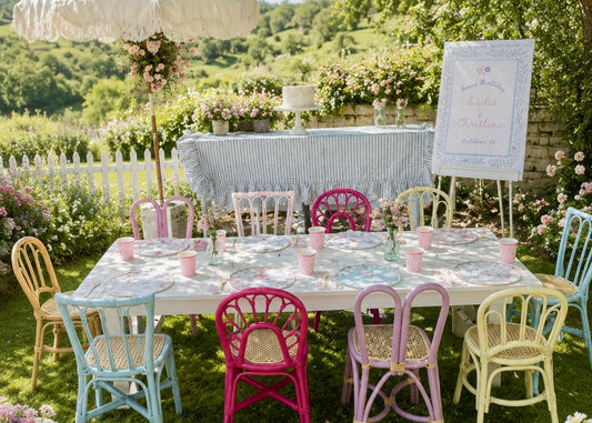 An outdoor garden event setup with a long table covered in a white tablecloth, surrounded by pastel-colored chairs in pink, blue, yellow, and lavender. A large white parasol, a sign on an easel, and a striped table runner are also visible under the shade of a large tree on a grassy lawn.