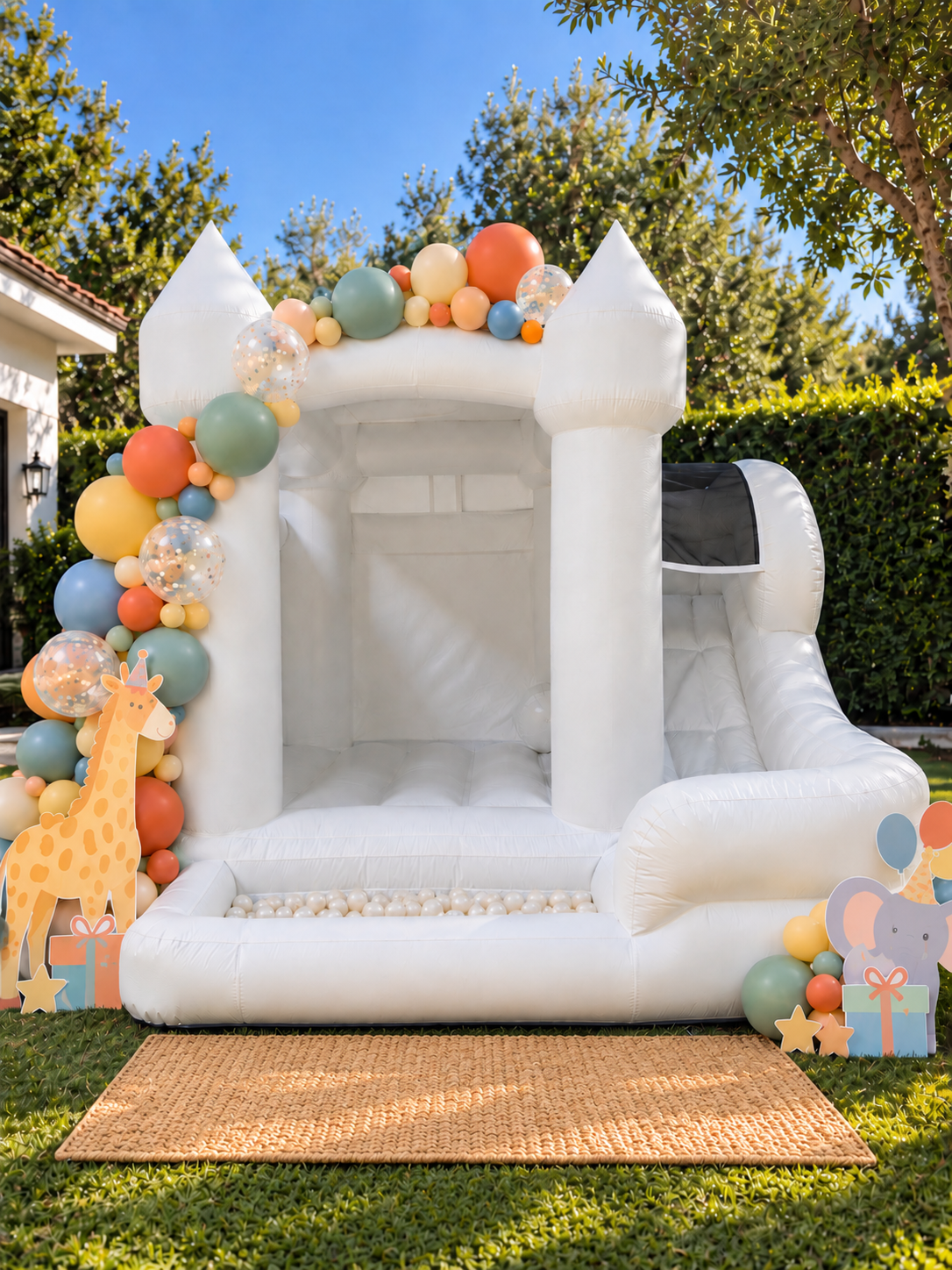 Styled concept image of Little Dume white mini bounce house with slide and front ball pit in a sunny backyard, with pastel safari balloons, giraffe and elephant cutouts and a jute runner