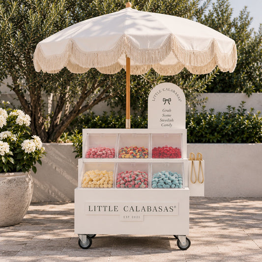 Little Calabasas Petite Treat Cart with six lidded candy vessels and decorative umbrella